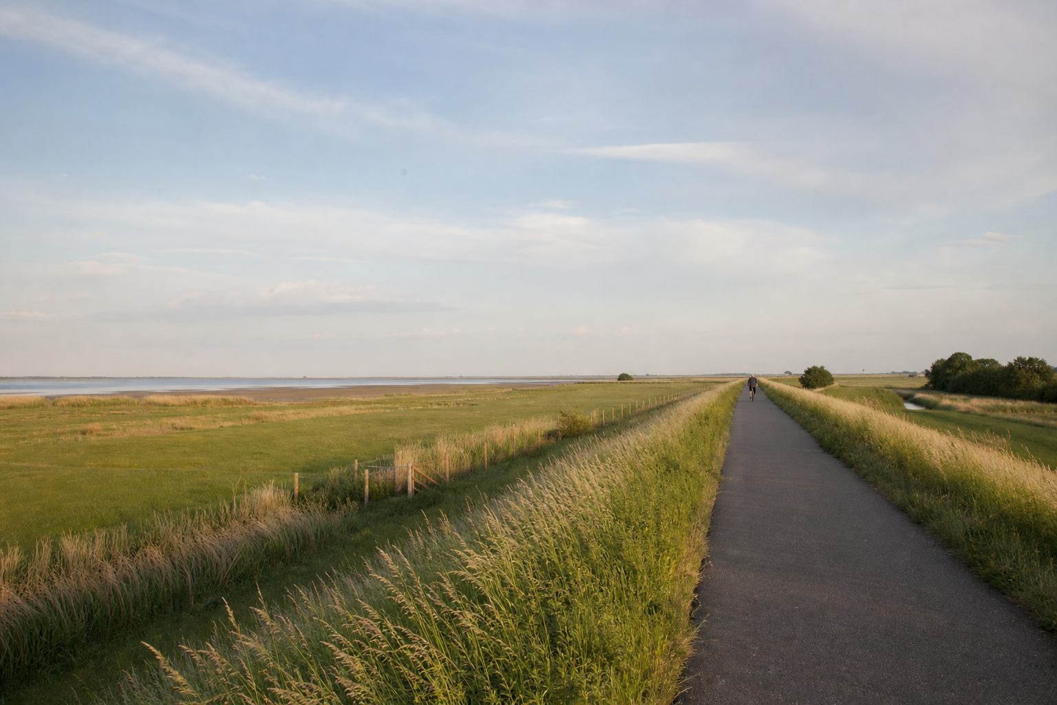 Fahrradweg auf einem norddeutschen Deich unter weitem Himmel