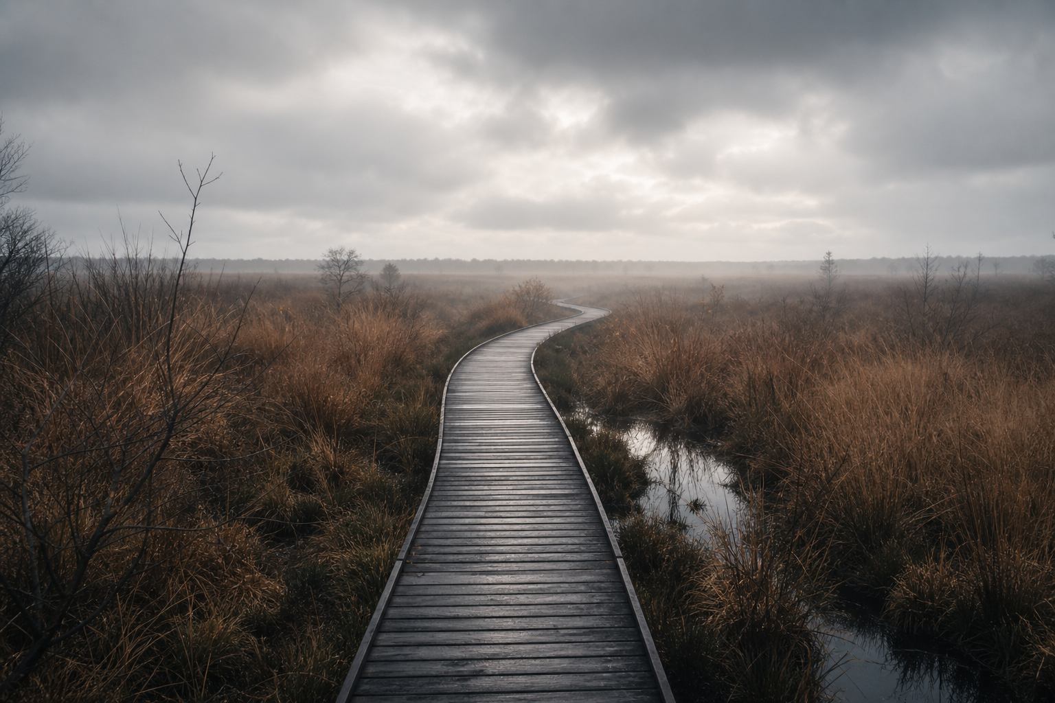 Holzsteg durch ein nebliges Torfmoor in Norddeutschland
